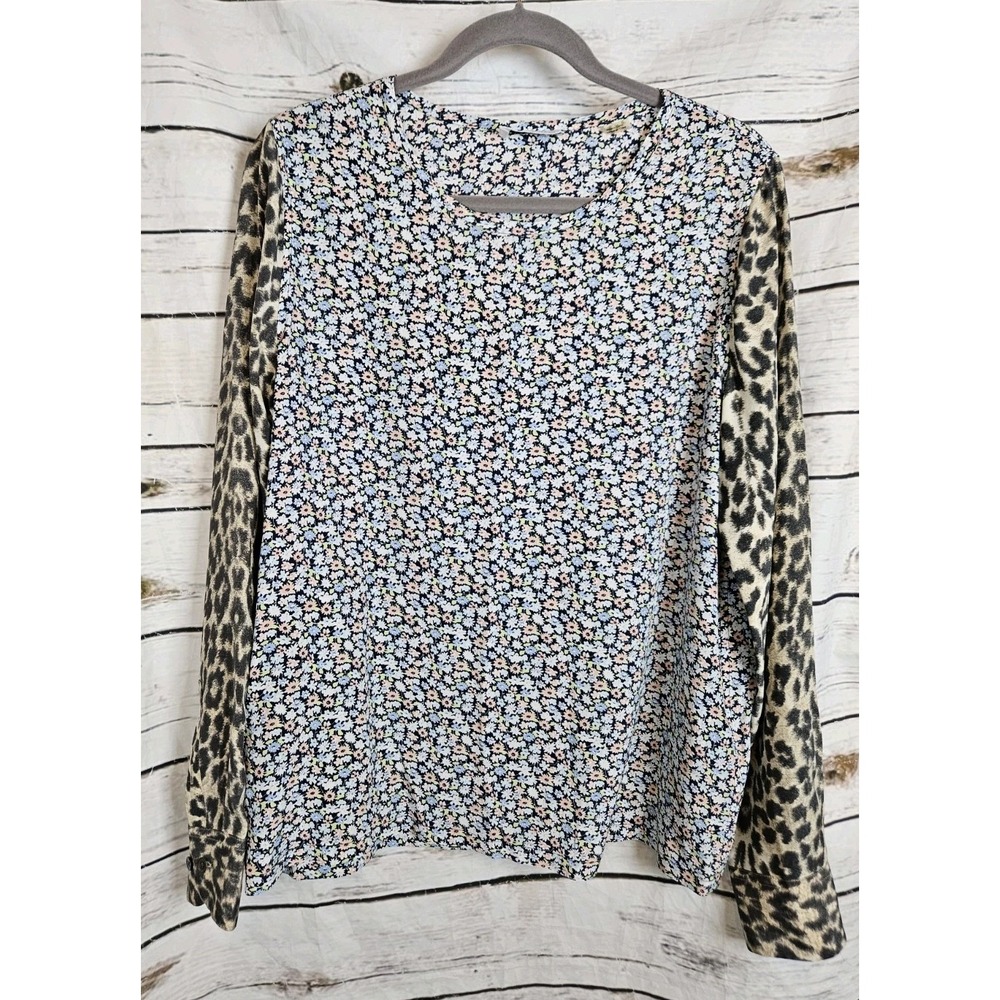 Equipment Ditsy Floral Leopard Sleeves Tunic Top Blouse L 100% Silk Long Sleeves
